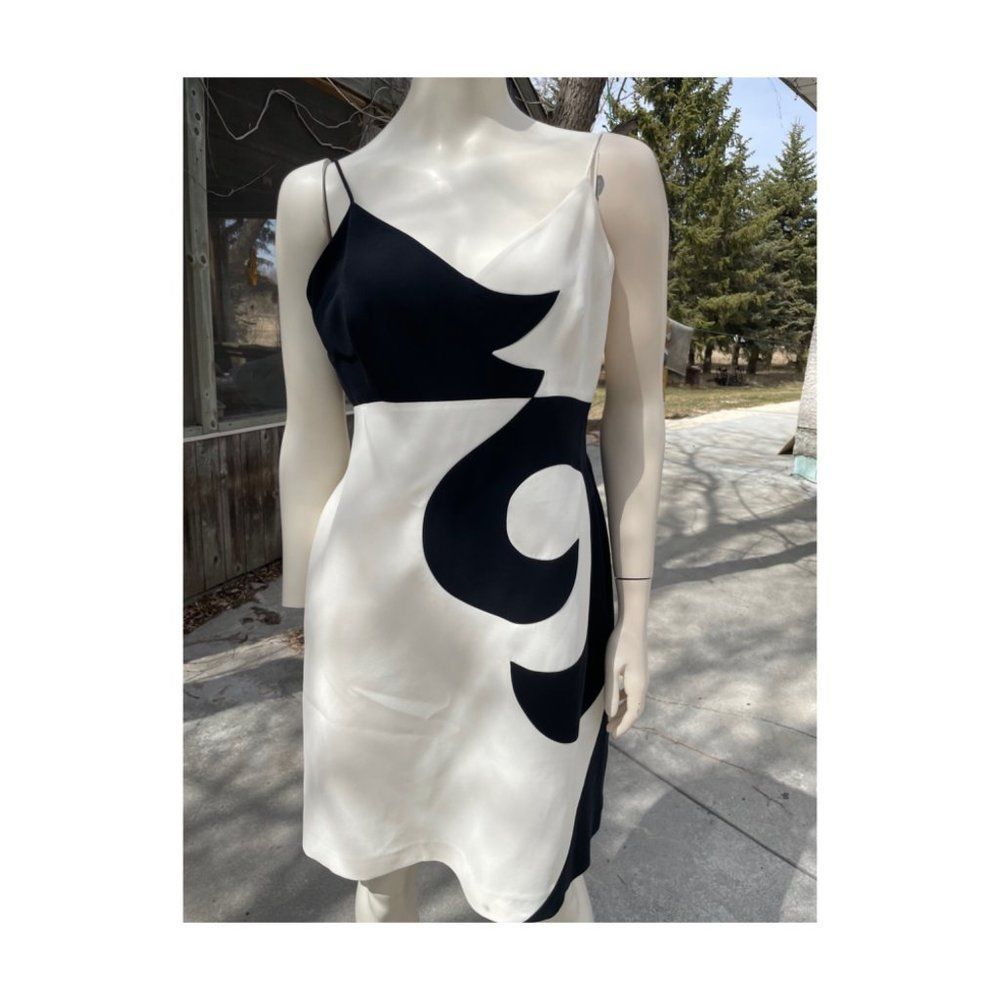 Giorgio Armani 100% Silk Mini Dress Black White Geometric Spaghetti Straps Sz 46